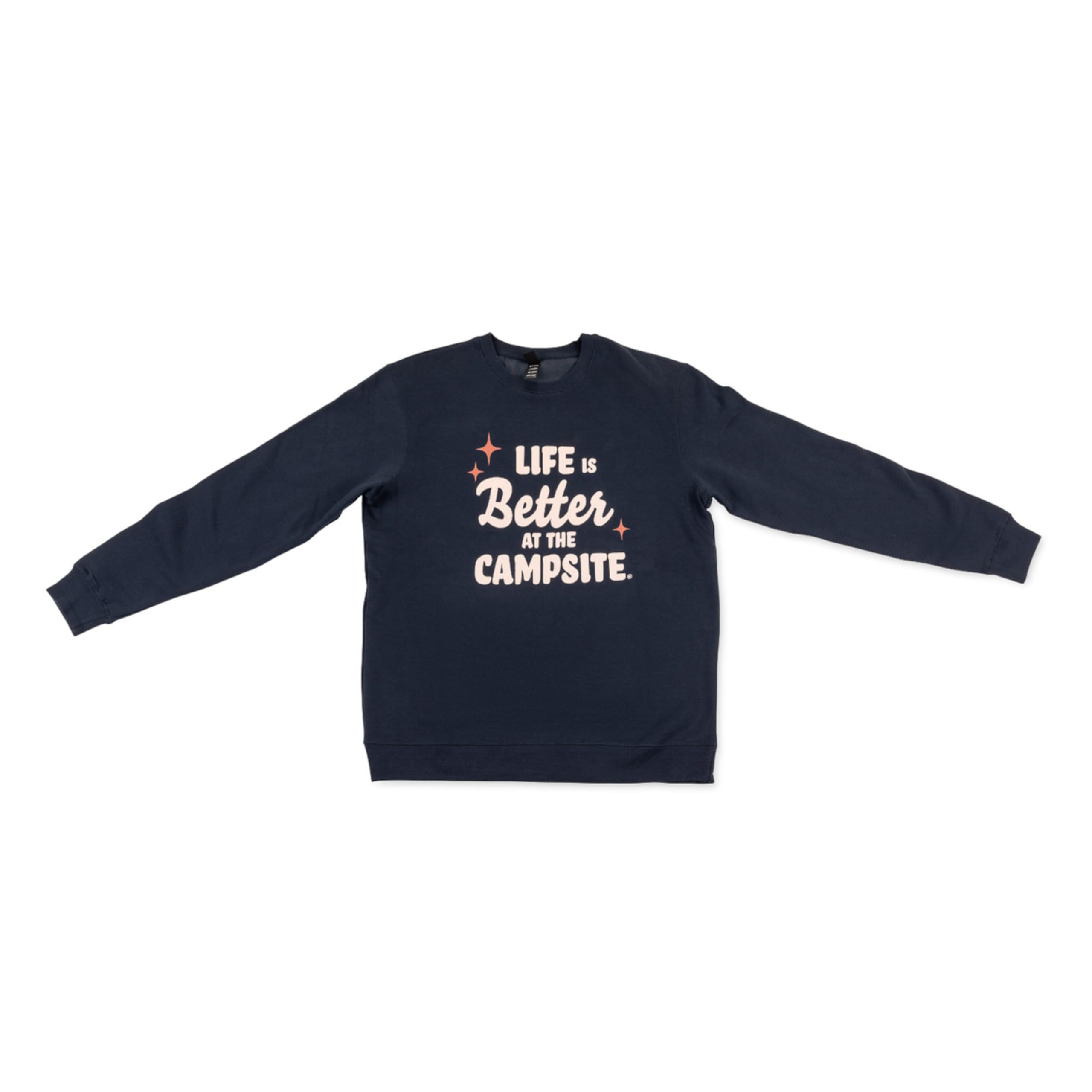 Crew Neck Sweatshirt Camco Life is Better at The Campsite | Features a Soft Blend Fabric and Red Retro Stars with Tan Life is Better at The Campsite Design on Navy | X-Large (53463)