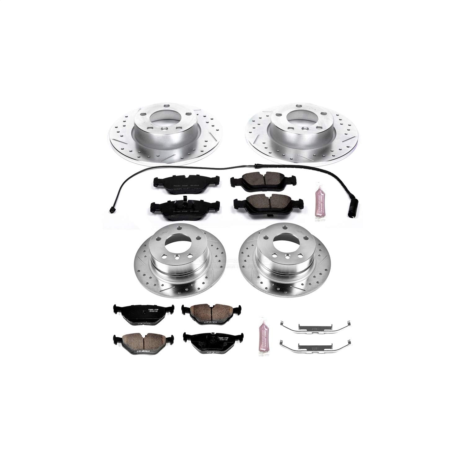 Power Stop K591 Z23 Carbon Fiber Brake Pads with Front and Rear Drilled & Slotted Brake Rotors Kit