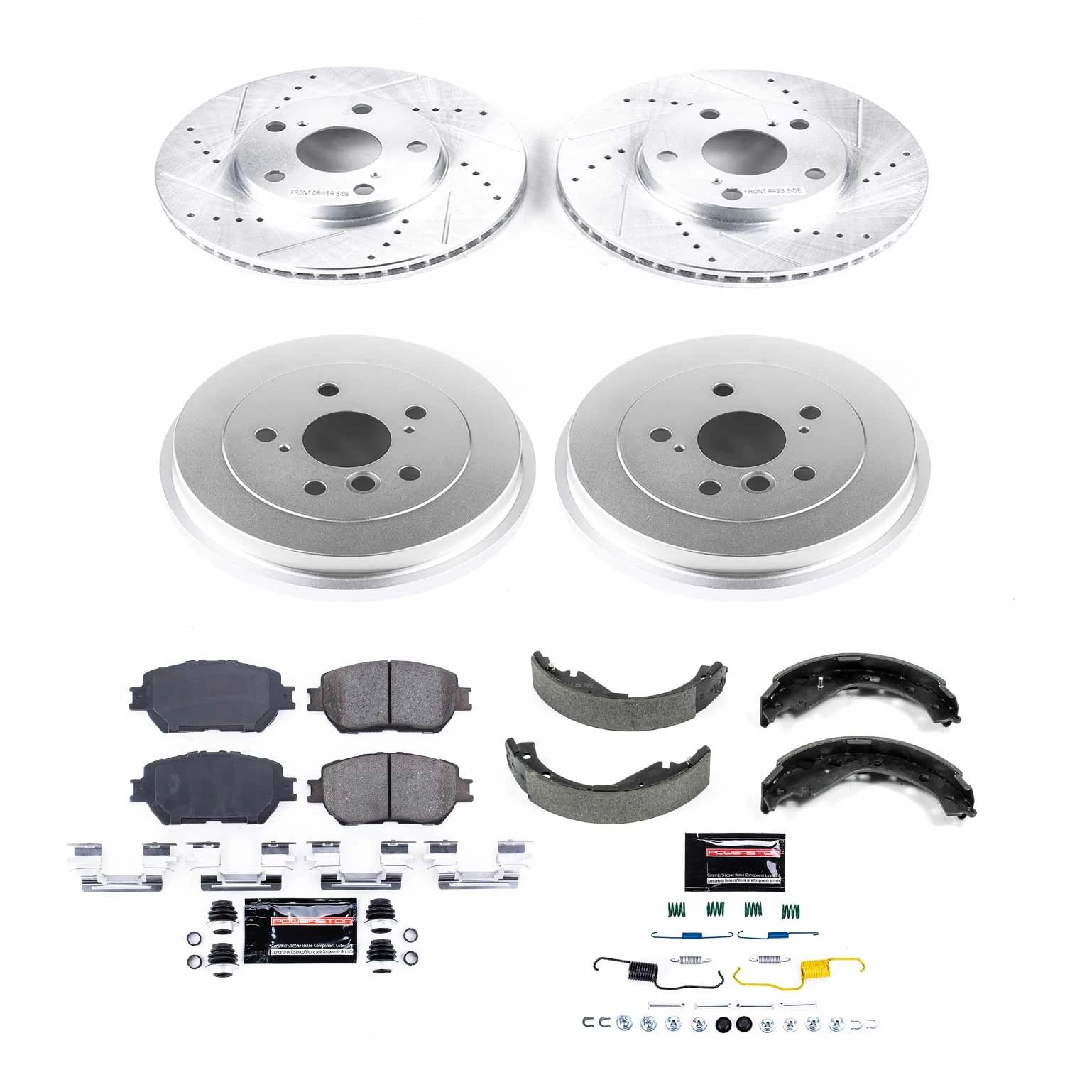 Power Stop K15228DK Z23 Carbon Fiber Brake Pads Front and Rear with Drilled & Slotted Brake Drums Kit For Toyota Camry 2005-2006 [Model Specific]