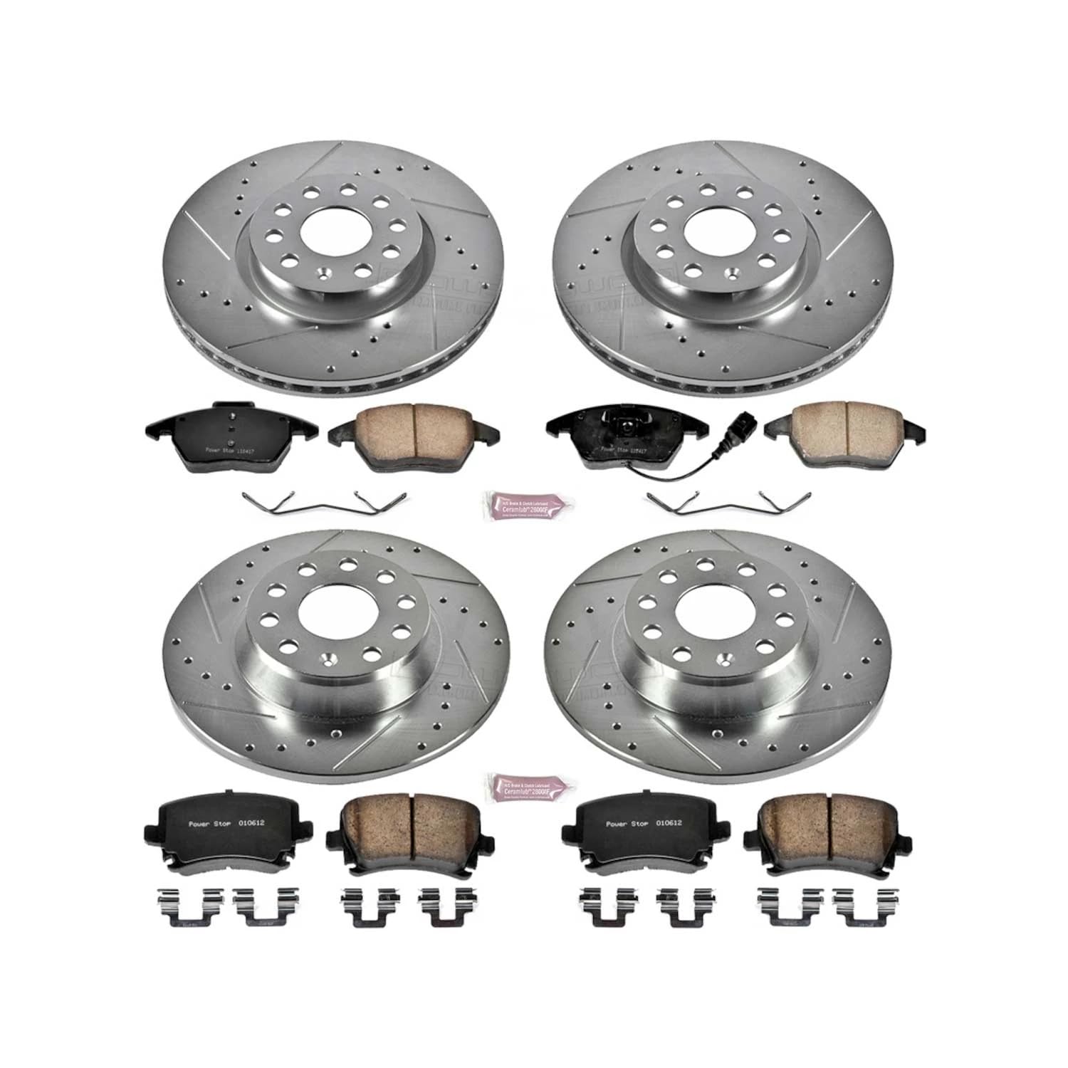 Power Stop K2260 Z23 Carbon Fiber Brake Pads Front and Rear with Drilled & Slotted Brake Rotors Kit For Audi A3, Audi A3 Quattro, VW GTI, VW Jetta, VW Passat [Model Specific]