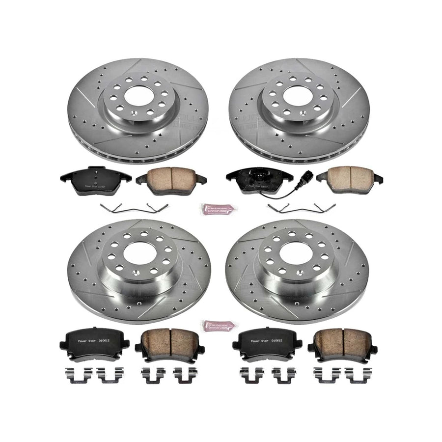 Power Stop K2260 Z23 Carbon Fiber Brake Pads Front and Rear with Drilled & Slotted Brake Rotors Kit For Audi A3, Audi A3 Quattro, VW GTI, VW Jetta, VW Passat [Model Specific]