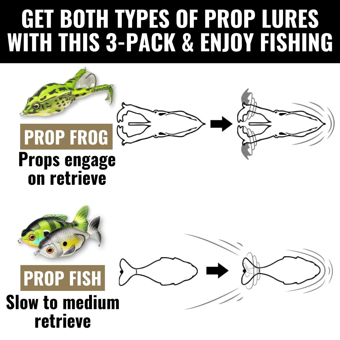 Bass Fishing Lures LUNKERHUNT Kit (3-Pack) - 2 Prop Fish Lures and 1 Prop Frog Lure | Best Topwater Fishing Bait, Weedless Hooks Hollow Realistic Body