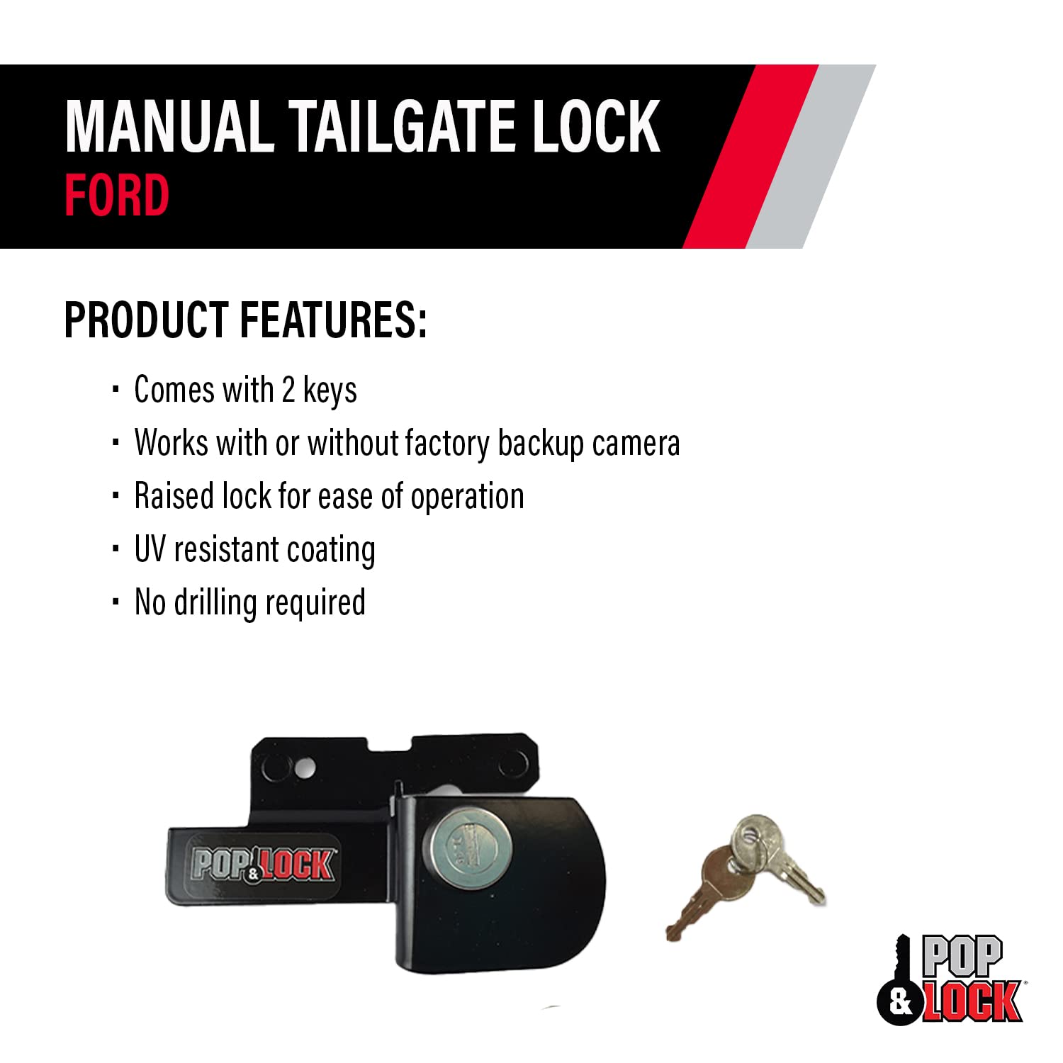 Manual Tailgate Lock Pop & Lock PL2500 Black for Ford (Works Without Factory Lock)