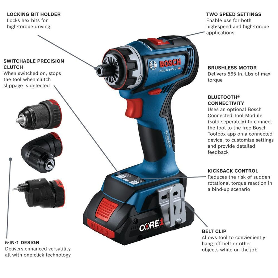 18V BOSCH GSR18V-800FCB24 Drill/Driver with 5-In-1 Flexiclick® System and (1) CORE18V® 4 Ah Advanced Power Battery