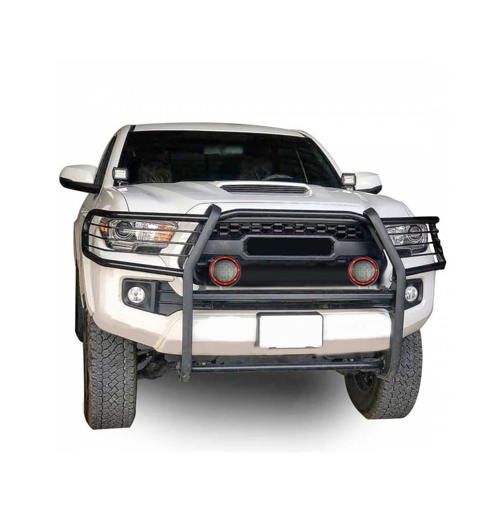Black Horse Grille Brush Bumper Guard Black Modular Come with Pair of 5.3" Dia.LED Lights with Red Trim Rings Compatible with 2016-2023 Toyota Tacoma-17A096402MA-PLFR