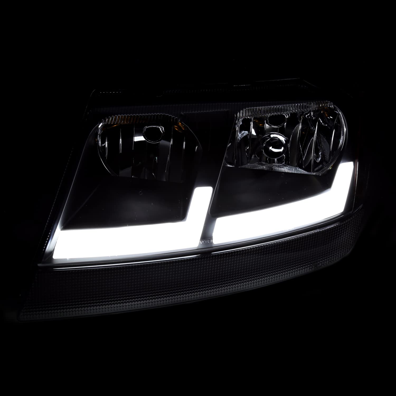 Black Headlights with Fiber Optic LED Strips SPEC-D TUNING Compatible with 1999-2004 Jeep Grand Cherokee, Left + Right Pair Headlamp Assembly