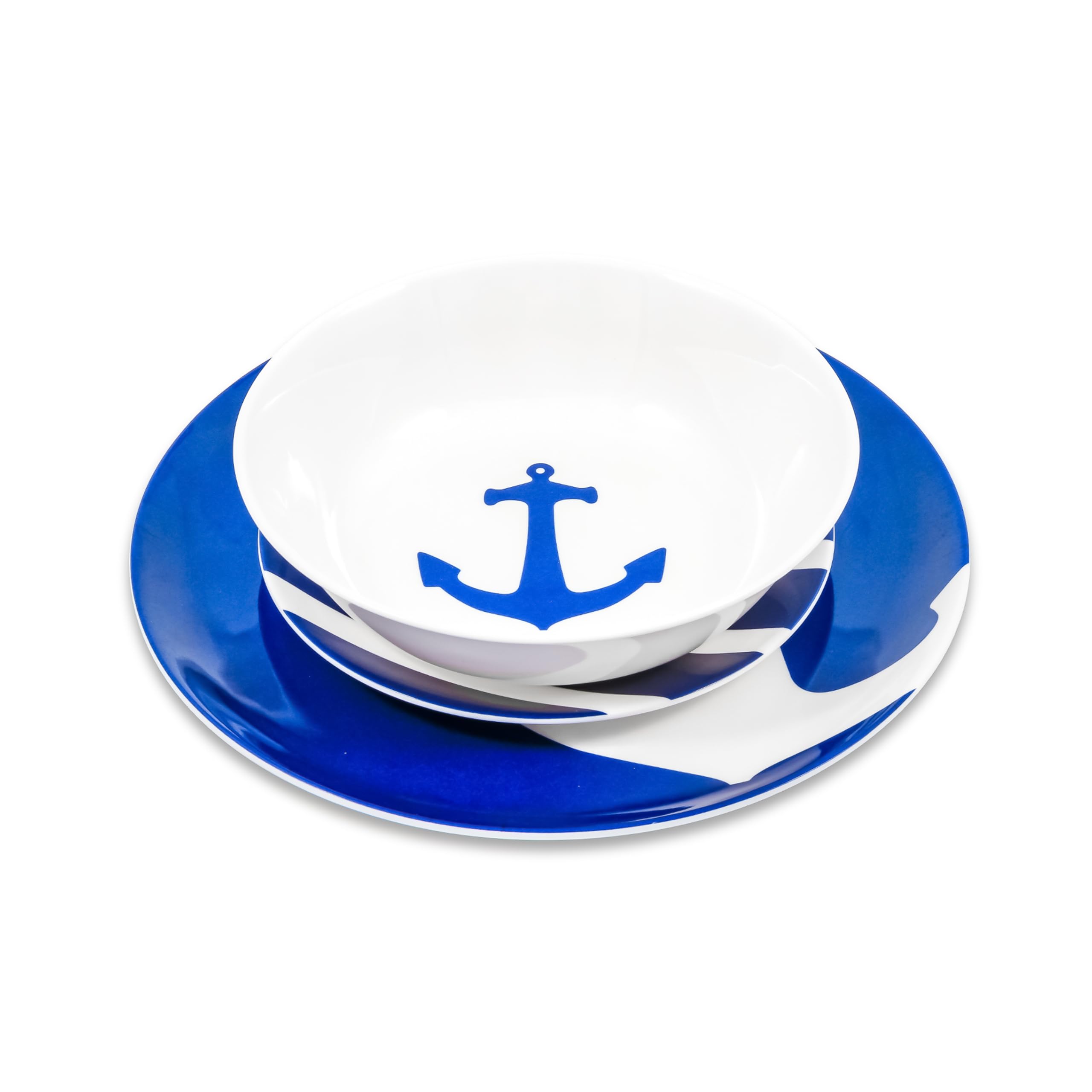 12 Piece Camco Melamine Dishware Set - Features Blue and White Nautical Design - Includes 4 Bowls, 4 Salad Plates, & $ Dinner Plates - Dishwasher Safe Dish Set (41951)