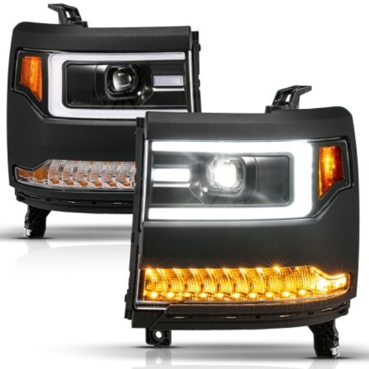 Chevy Silverado1500 ANZO 16-18 (Factory HID Models) LED Proj Light Bar Style Headlights Black - Pair