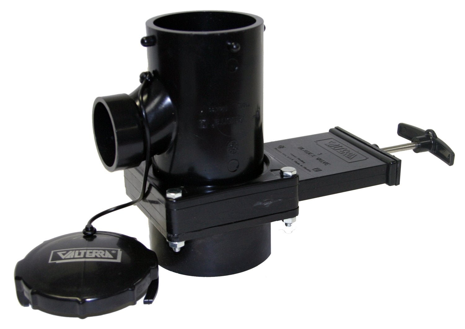 Valterra T11 San Tee Rotating Valve Assembly with 3" Hub x 1-1/2" Hub x 3" Bay with Cap,Black