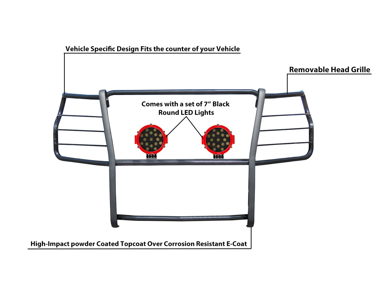 Black Horse Grille Brush Bumper Guard Black Modular Come with Pair of 7.0" Dia.LED Lights with Red Trim Rings Compatible with 2020-2024 Silverado 3500 HD|2020-2024 Silverado 2500 HD-17GT30MA-PLR