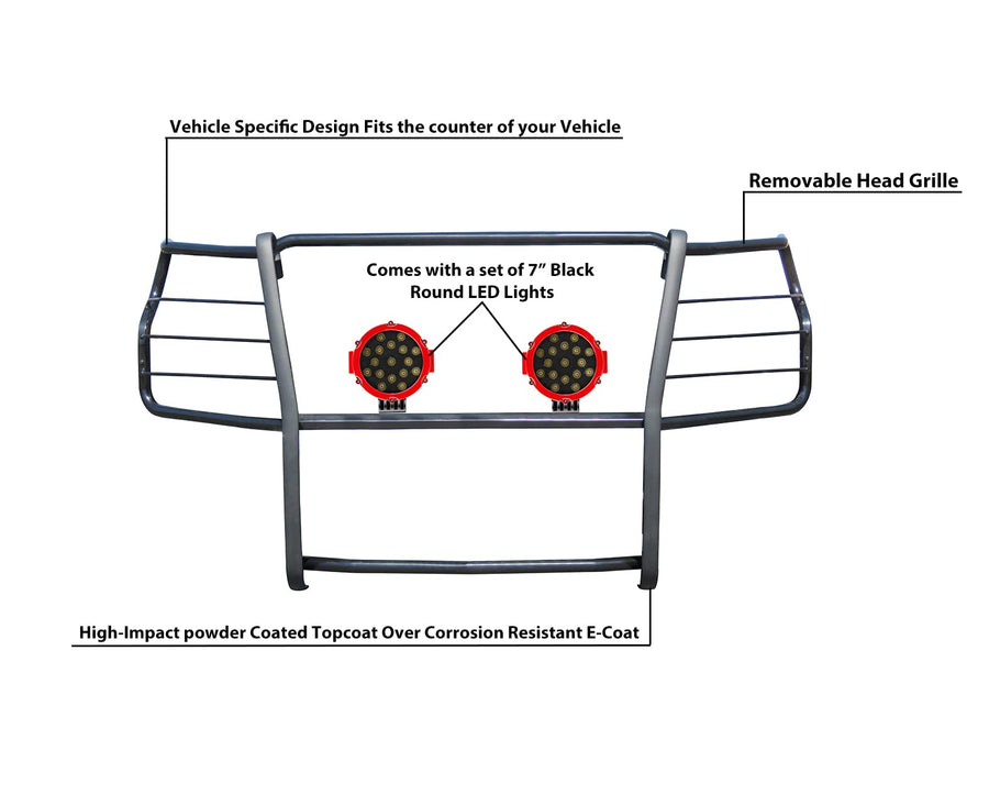 Black Horse Grille Brush Bumper Guard Black Modular Come with Pair of 7.0" Dia.LED Lights with Red Trim Rings Compatible with 2020-2024 Silverado 3500 HD|2020-2024 Silverado 2500 HD-17GT30MA-PLR