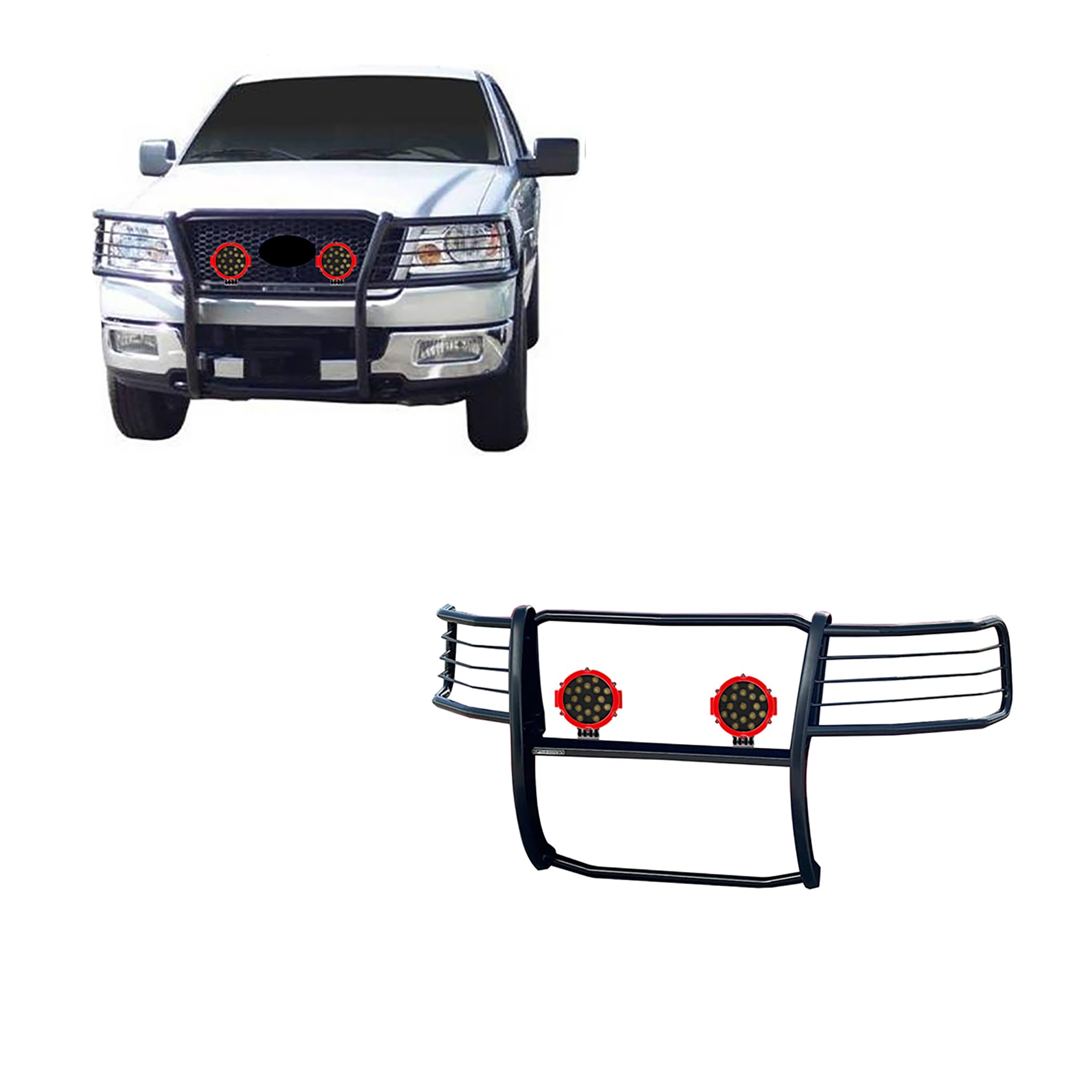 Bumper Guard Modular Black Black Horse Grille brush Come With pair of 7.0"Dia.LED Lights with Red Trim Rings Compatible with 2004-2008 Ford F-150-17FP28MA-PLR