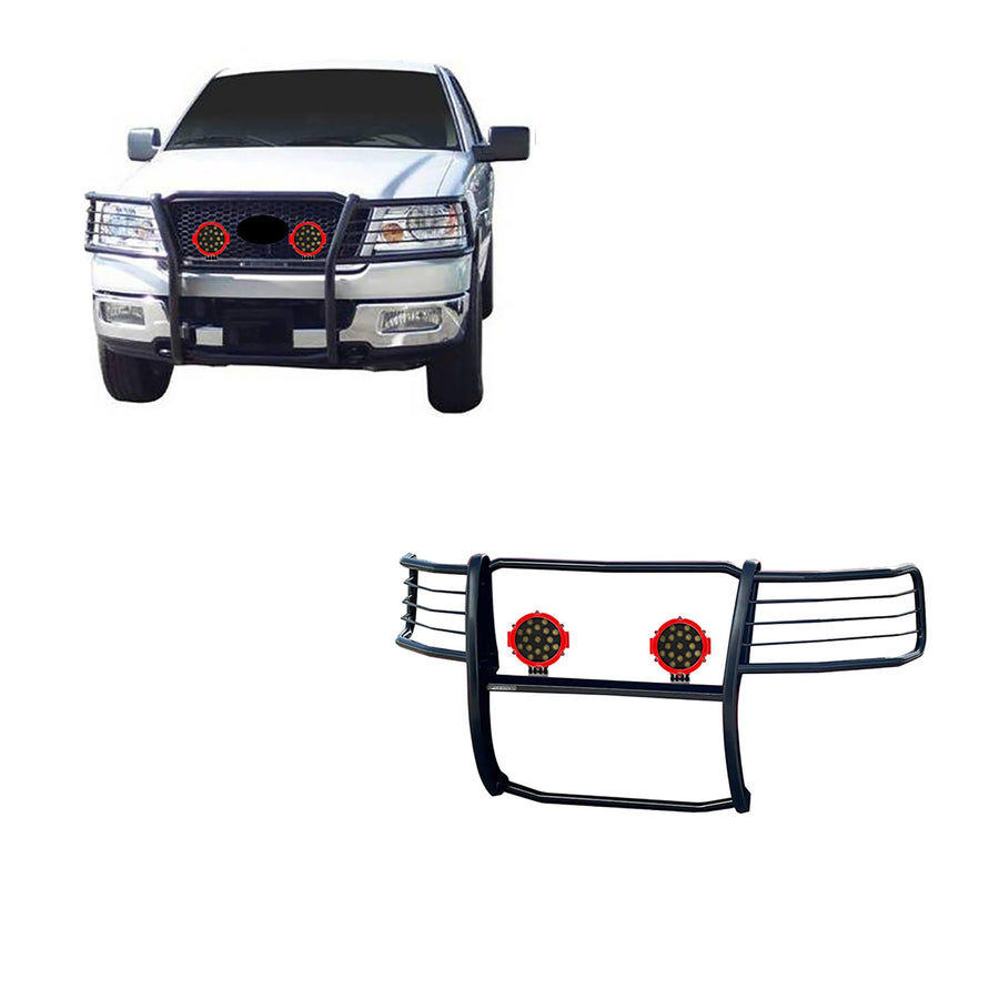 Bumper Guard Modular Black Black Horse Grille brush Come With pair of 7.0"Dia.LED Lights with Red Trim Rings Compatible with 2004-2008 Ford F-150-17FP28MA-PLR