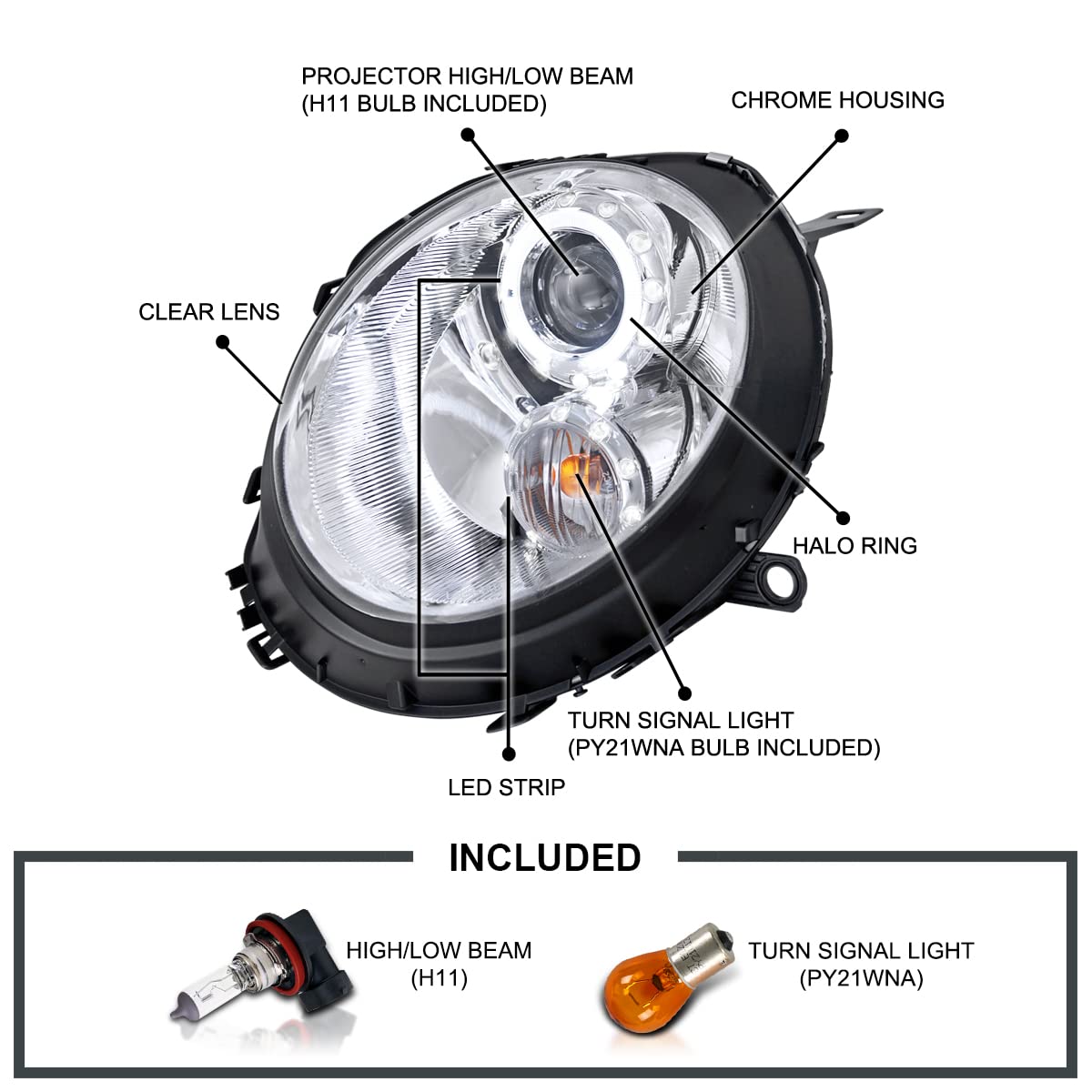 Halo Chrome Housing SPEC-D TUNING Clear Lens Projector Headlights Compatible with 2007-2013 R56 MINI Cooper Models, Left + Right Pair Headlamps Assembly