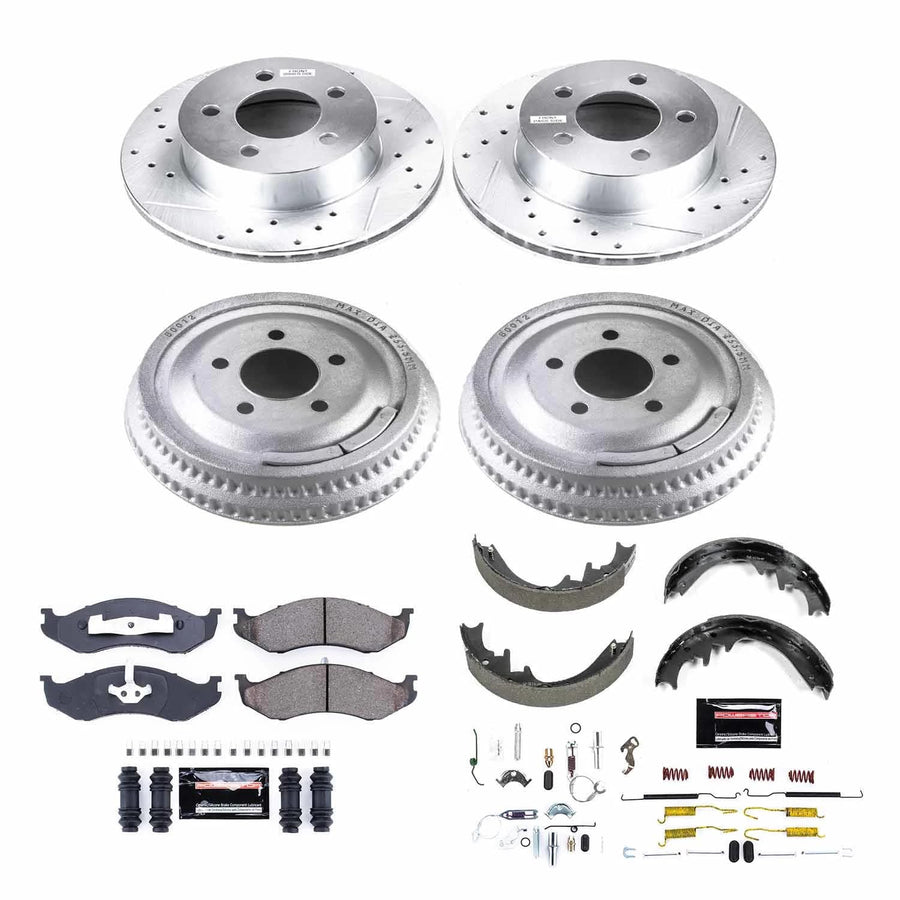 Power Stop K15132DK Z23 Carbon Fiber Brake Pads Front and Rear with Drilled & Slotted Brake Drums Kit For Jeep Cherokee 1992-1999 [Model Specific]