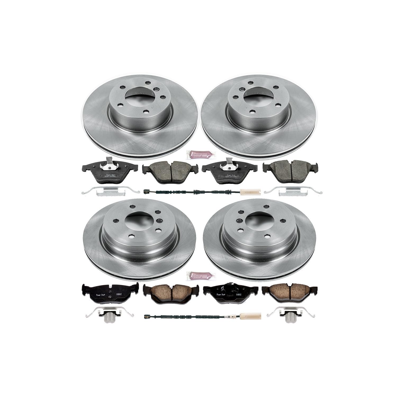 Power Stop Autospecialty KOE7024 Front and Rear Replacement Brake Kit-OE Brake Rotors & Ceramic Brake Pads and 1 Front & 1 Rear Sensor Wires