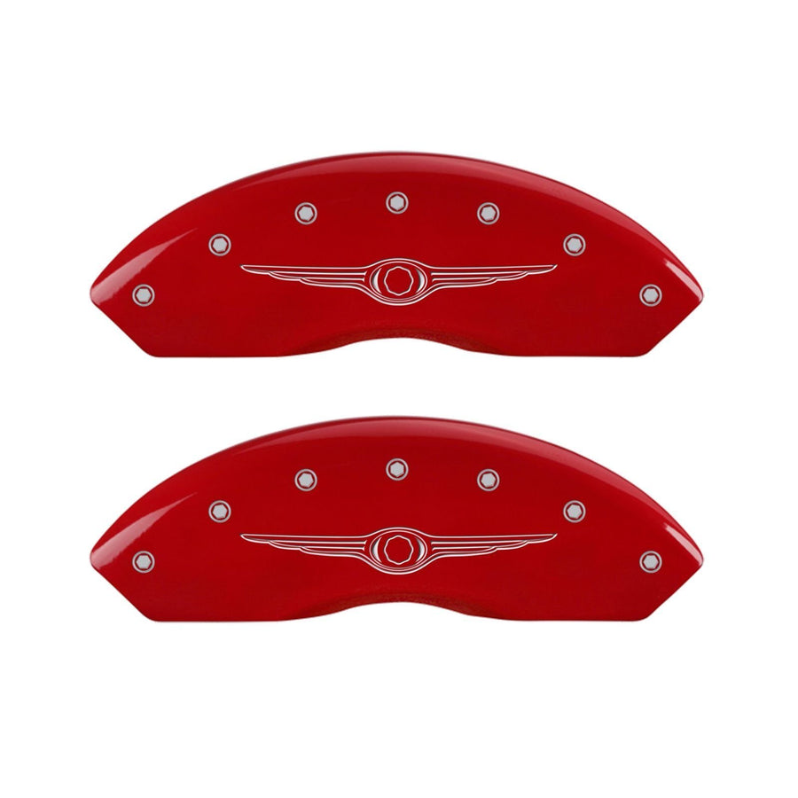 Caliper Covers MGP 32021SCW1RD Red Powder Coat Finish Front and Rear Cover, Set of 4 (Style 1/Chrysler Wing Silver Characters, Engraved)
