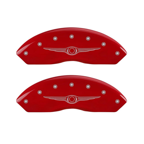 Caliper Covers MGP 32021SCW1RD Red Powder Coat Finish Front and Rear Cover, Set of 4 (Style 1/Chrysler Wing Silver Characters, Engraved)