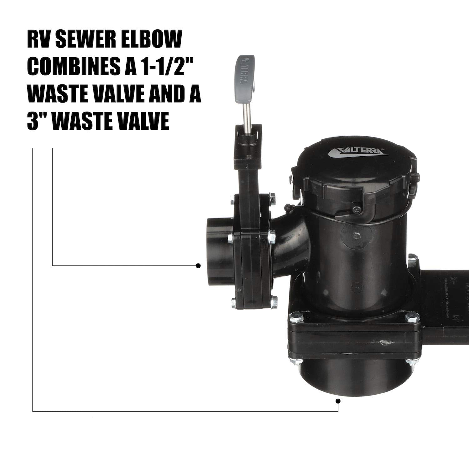 Valterra Double Rotating Valve San Tee, Mess-Free Waste Valve for RV's, Campers, Trailers, 3" x 1.5" Hub