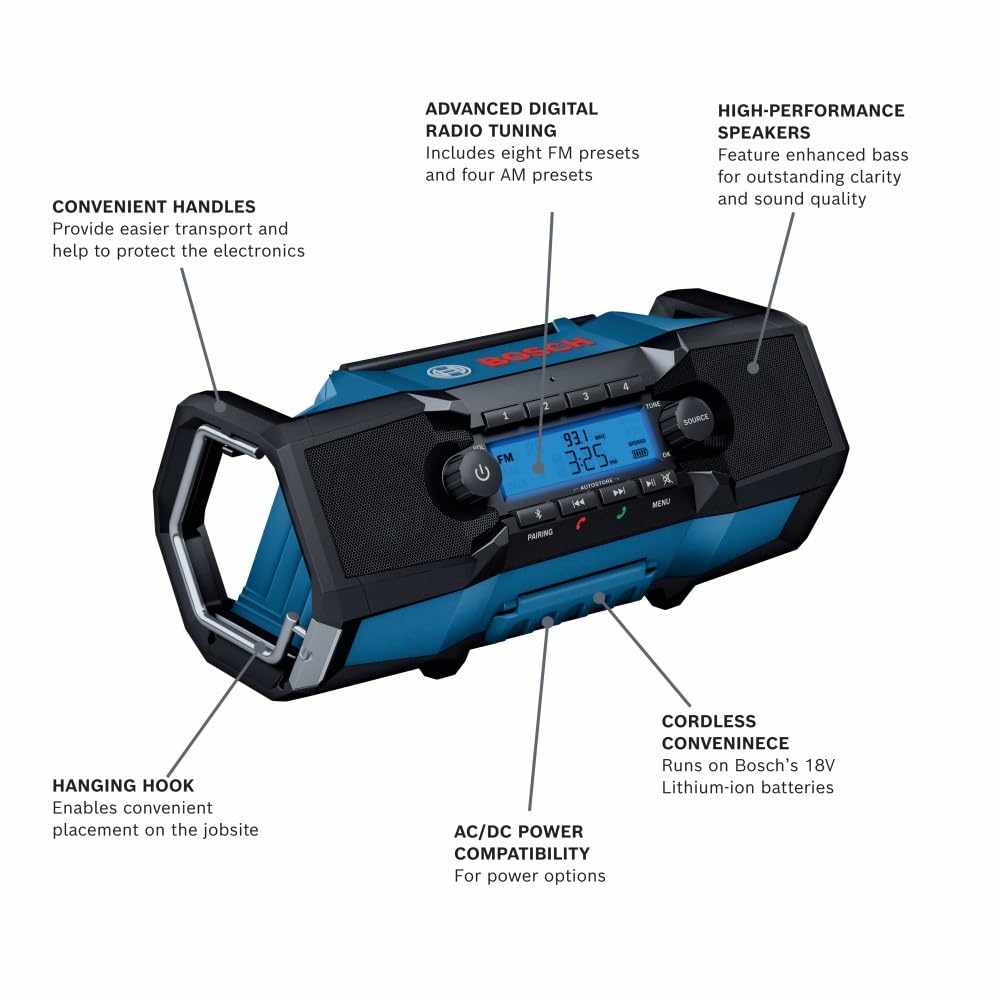 18V Cordless BOSCH Jobsite Radio with Bluetooth 5.0 - Portable, Durable, Enhanced Bass, USB Charging, AUX Input (Battery Not Included)
