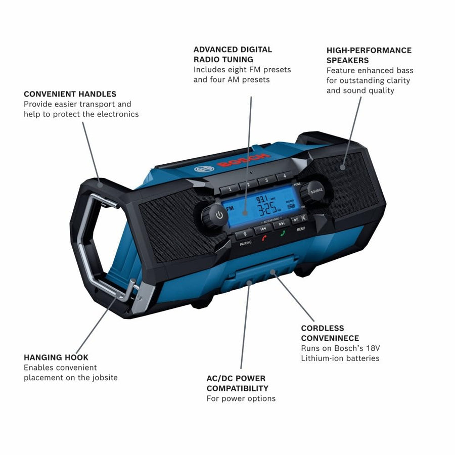 18V Cordless BOSCH Jobsite Radio with Bluetooth 5.0 - Portable, Durable, Enhanced Bass, USB Charging, AUX Input (Battery Not Included)