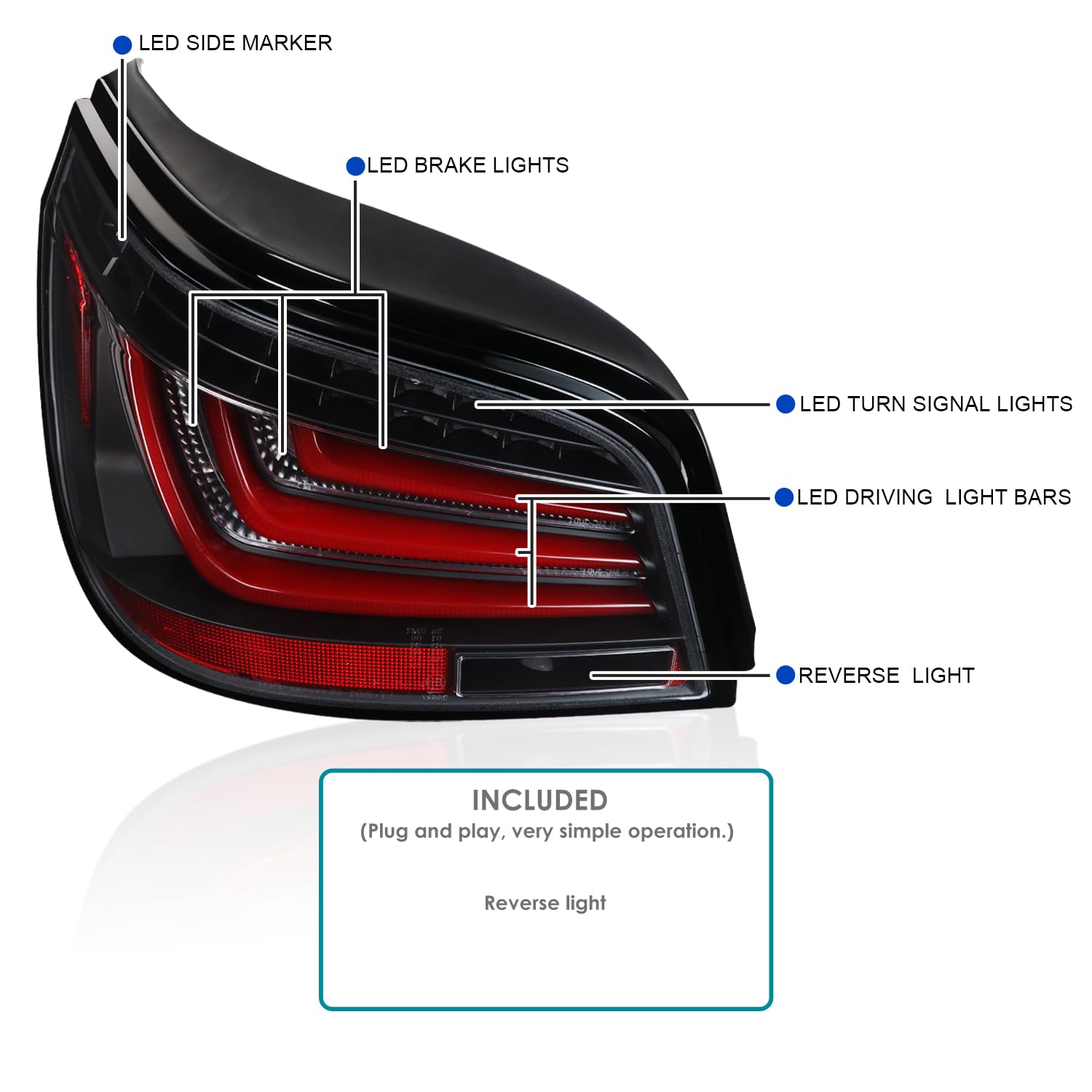 Spec-D Tuning Tail Lights Black w/Red LED Bar Compatible with 2004-2007 BMW E60 5-Series 4 Door, Left + Right Pair Assembly
