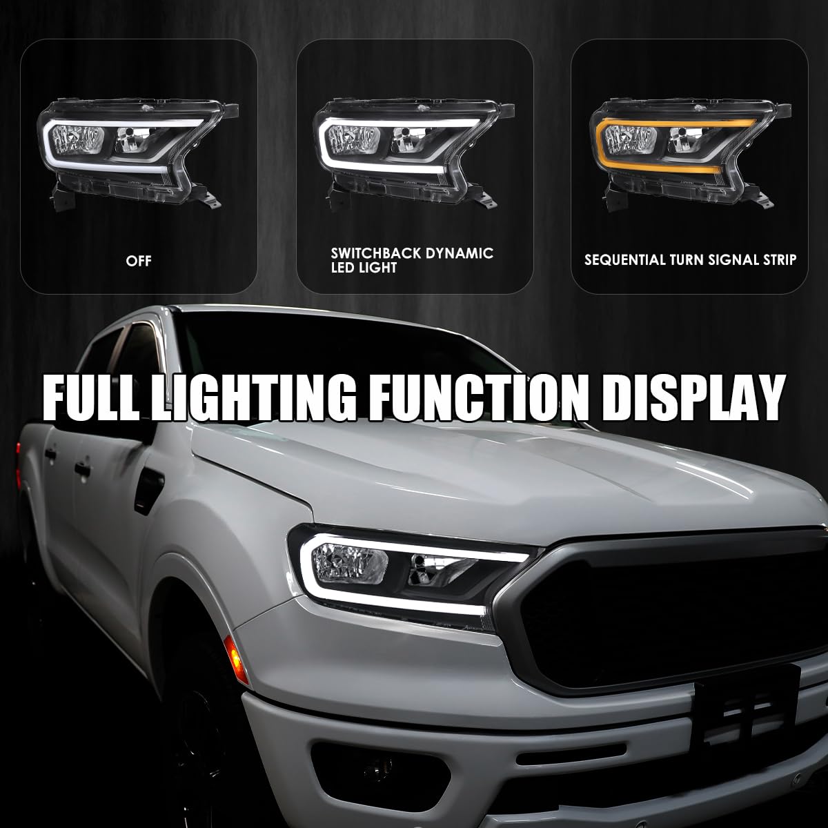 Black LED Strip Headlights SPEC-D TUNING w/Switchback and Sequential Turn Signals Compatible with 2019-2023 Ford Ranger XL/XLT, Left + Right Pair Headlamps Assembly