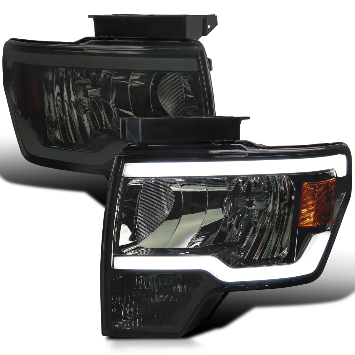 Smoke Headlights w/LED Tube SPEC-D TUNING Compatible with 2009-2014 Ford F150 F-150, Left + Right Pair Headlamps Assembly