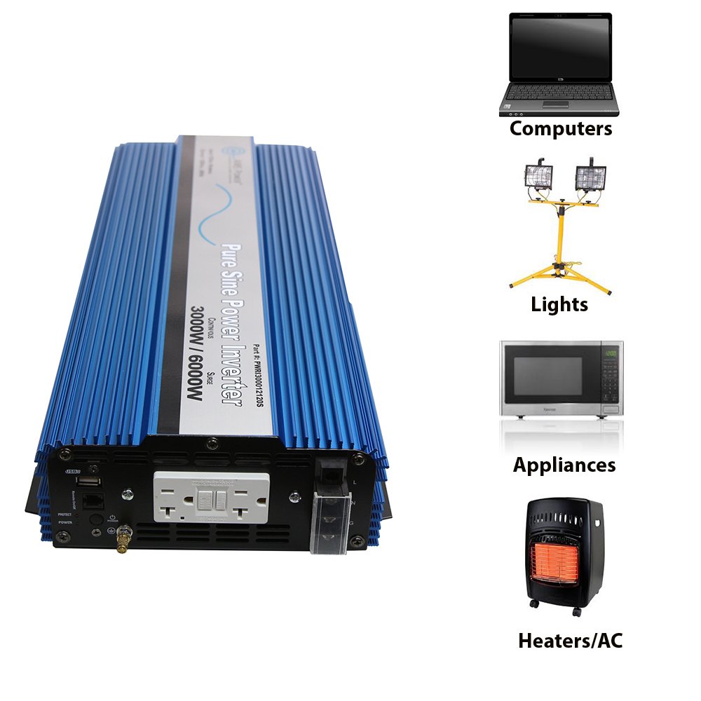 AIMS Power Pure Sine Inverter PWRI300012120S, 3000 Watt Continuous Power, 6000 Watt Surge Peak Power, 12 Volt DC Input, Pure Sine Wave, GFCI Outlet, AC Direct Connect Terminal Block