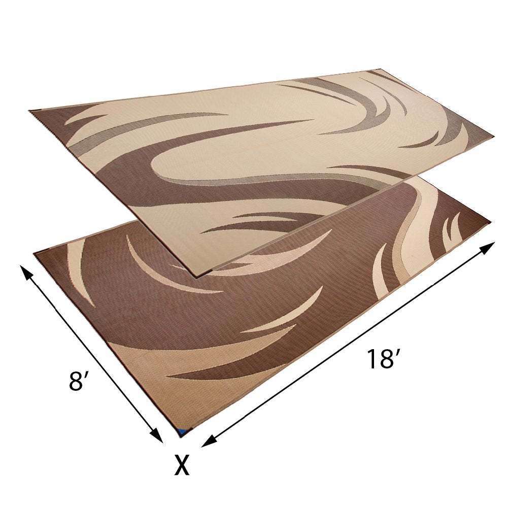 Camping Stylish SD8187 8-Feet x 18-Feet Graphic Swish RV Reversible Patio Mat, Brown/Tan