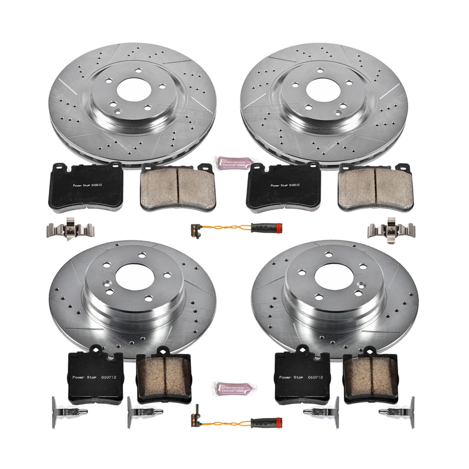Power Stop K6714 Z23 Carbon Fiber Brake Pads Front and Rear with Drilled & Slotted Brake Rotors Kit and 1 Front & 1 Rear Sensor Wires For C230, C, CLK350, SLK350 [Model Specific]