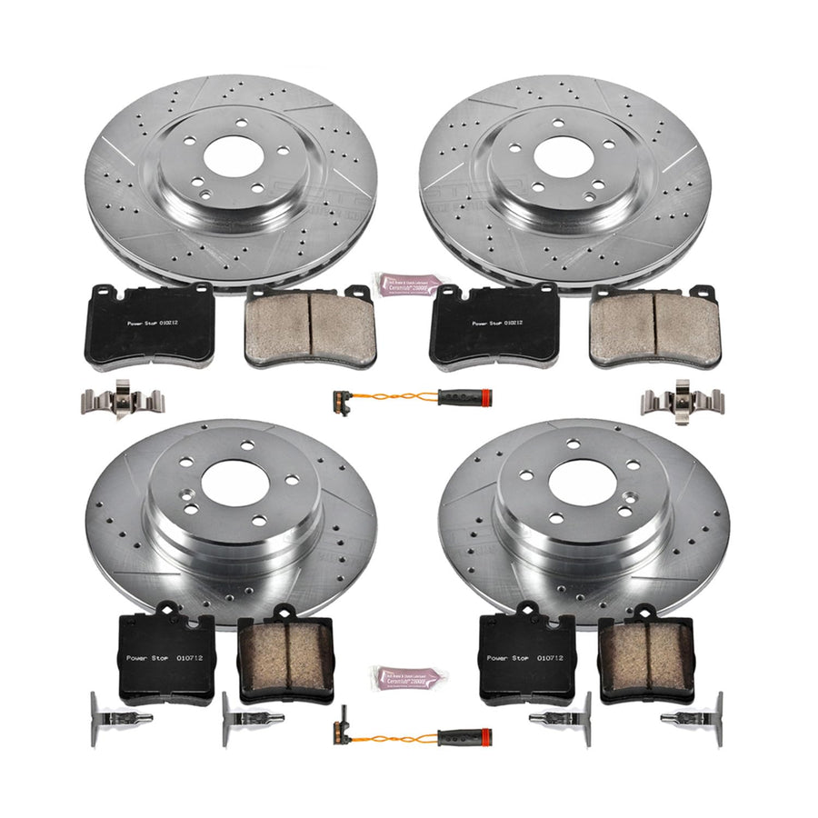 Power Stop K6714 Z23 Carbon Fiber Brake Pads Front and Rear with Drilled & Slotted Brake Rotors Kit and 1 Front & 1 Rear Sensor Wires For C230, C, CLK350, SLK350 [Model Specific]