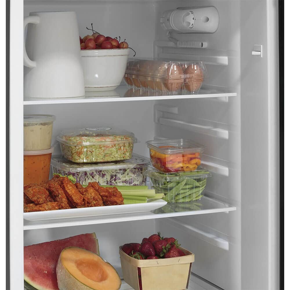 24" GE GPV10FGNBB Top Freezer Refrigerator with 9.93 cu. ft. Capacity 12V DC Power Only LED Lighting and Adjustable Spillproof Glass Shelves in Black
