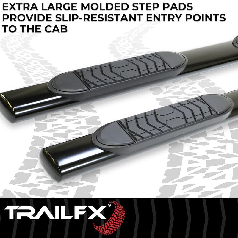 TrailFX Nerf Bars for Crew Max Toyota Tundra 2007-2021 Black Powder Coated Steel 5 Inch Oval Straight Side Steps with Step Pads Welded End Caps Rocker Panel Mount Running Board Pair TrailFX A7011B