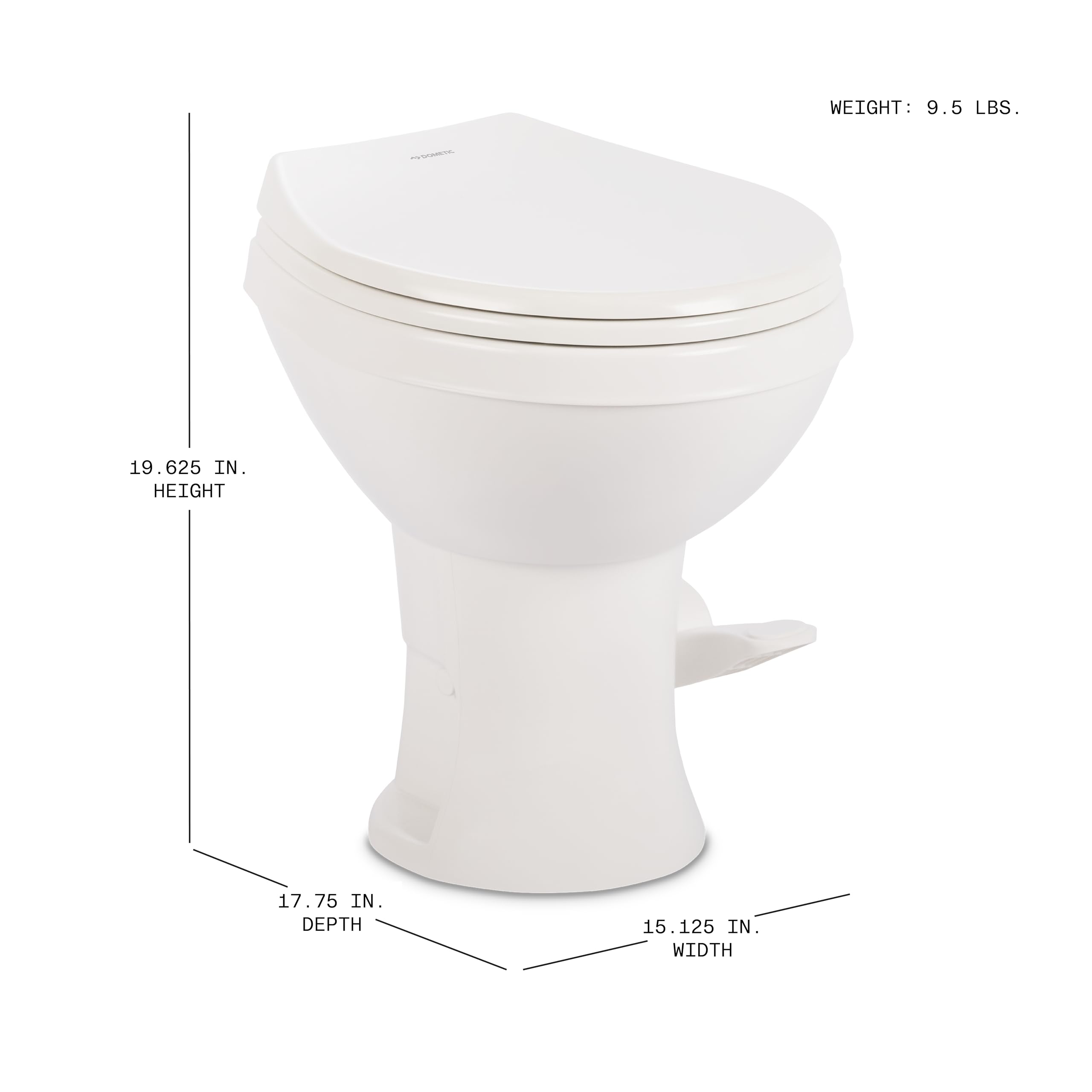 Dometic 400 Model Essential RV Toilet – Round Lightweight Plastic Bowl, Universal Fit & 2-Bolt Mount, 18" Chair Height Residential Style, Gravity Flush Toilet with Soft-Close Seat, White (9610008275)