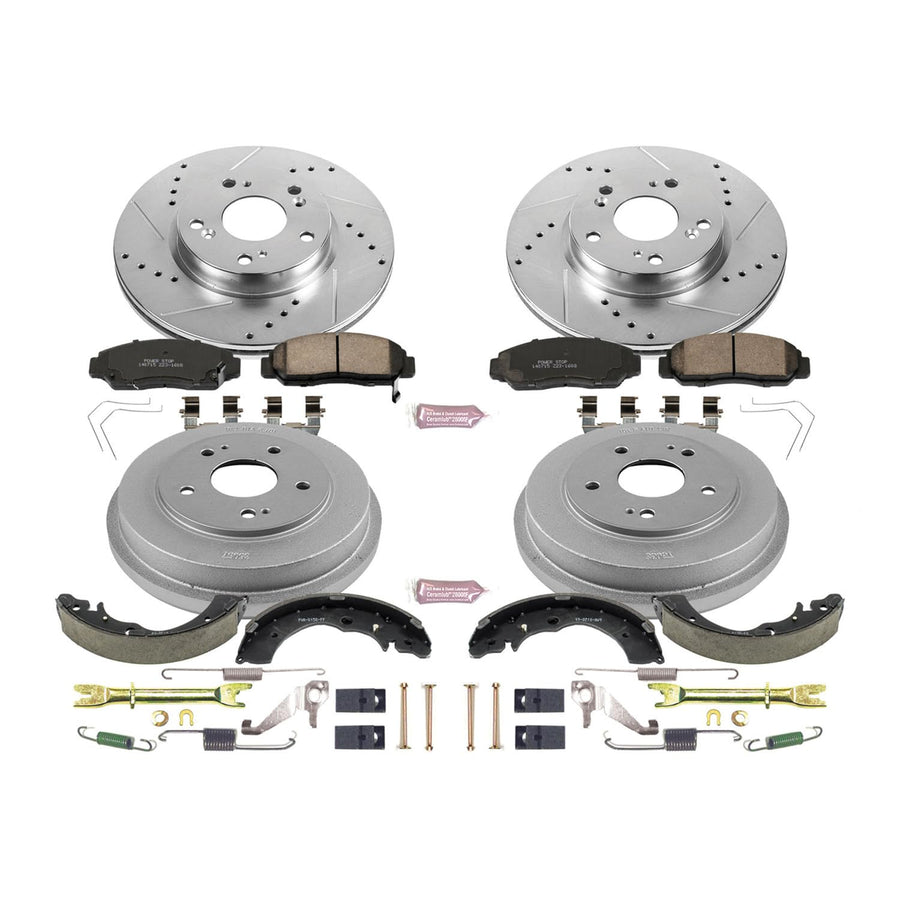 Power Stop K15113DK Z23 Carbon Fiber Brake Pads Front and Rear with Drilled & Slotted Brake Drums Kit For Honda Civic 2012-2015 [Model Specific]
