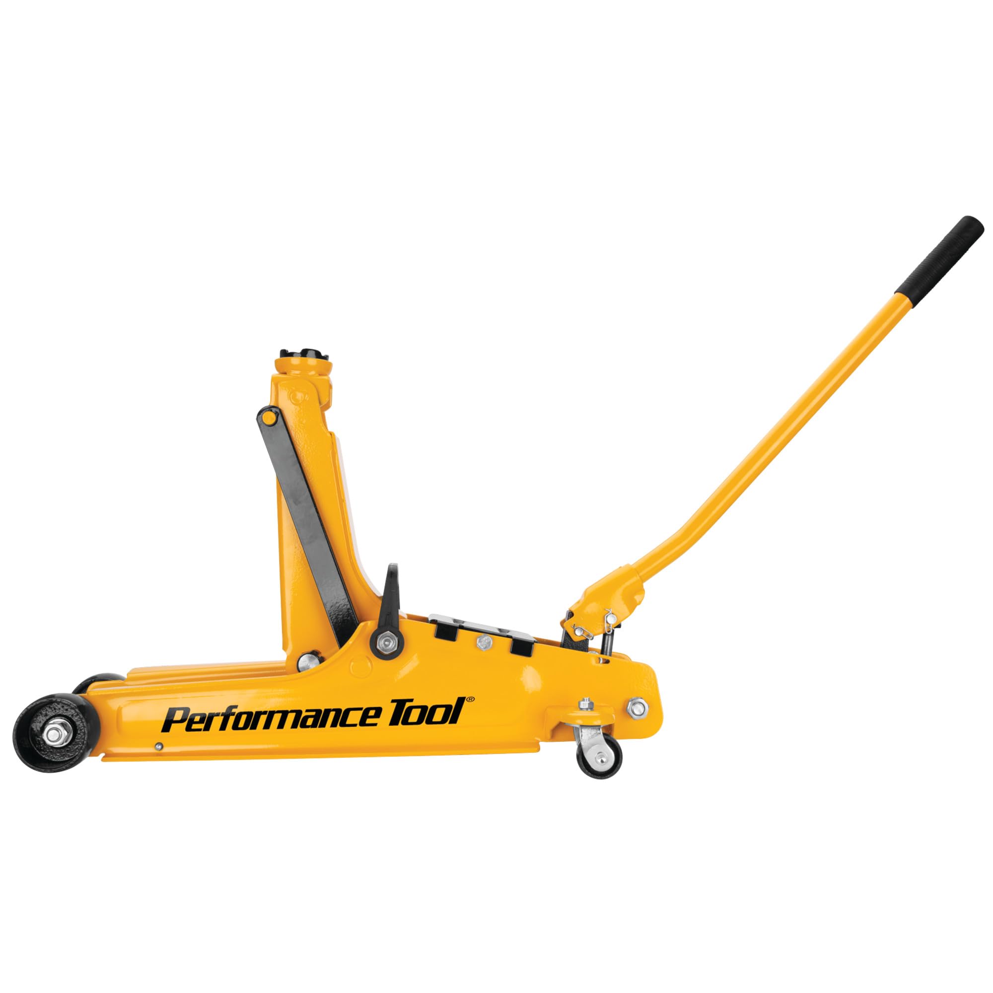 2-1/2 Ton Performance Tool Low-Profile Trolley Jack, Flanged, Powder-Coated Steel, Swivel Wheels, Carry Handle, Portable, Yellow/Black