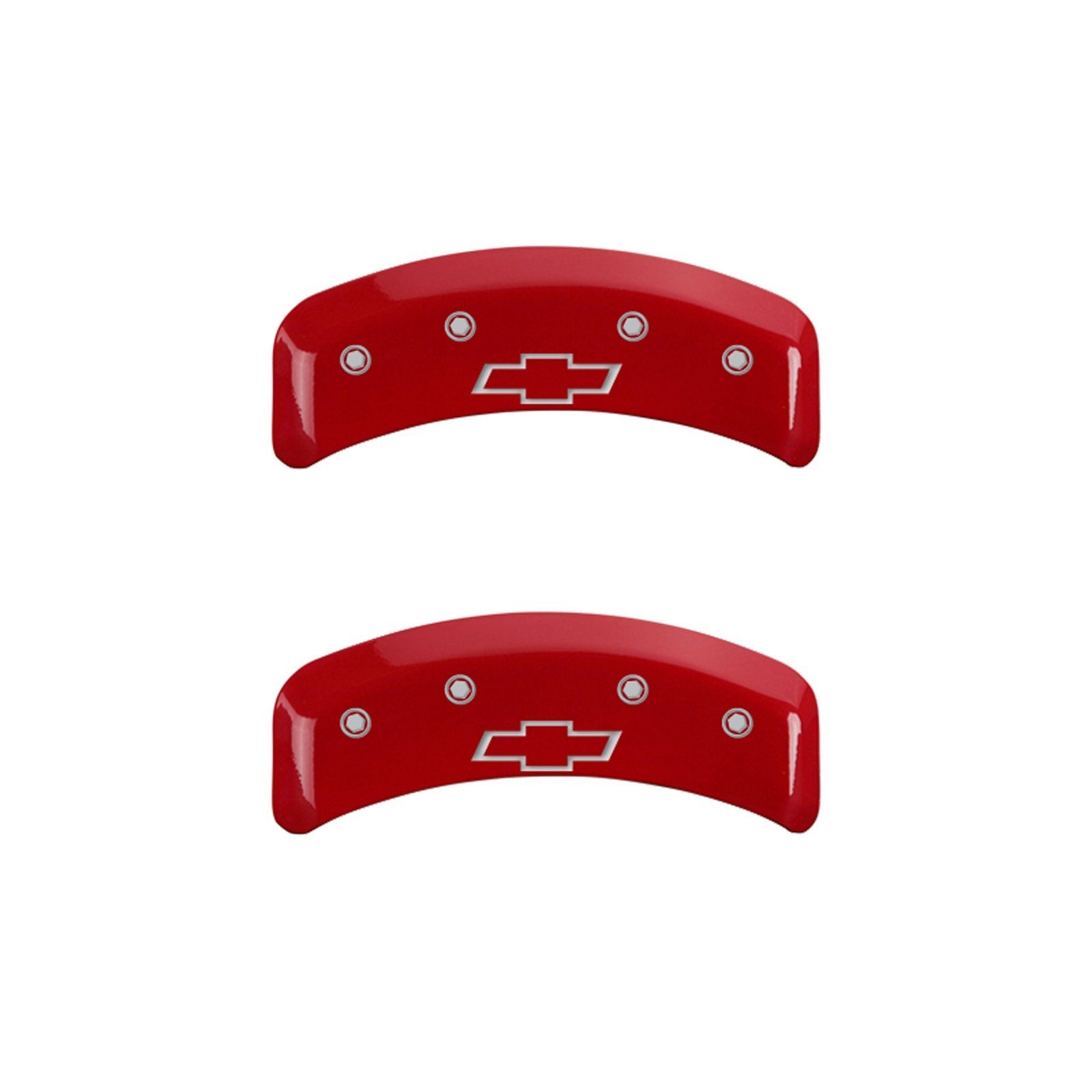 MGP Caliper Covers 'Bowtie' Engraved Caliper Cover with Red Powder Coat Finish and Silver Characters 14026SBOWRD, (Set of 4)