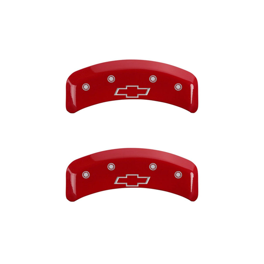 MGP Caliper Covers 'Bowtie' Engraved Caliper Cover with Red Powder Coat Finish and Silver Characters 14026SBOWRD, (Set of 4)