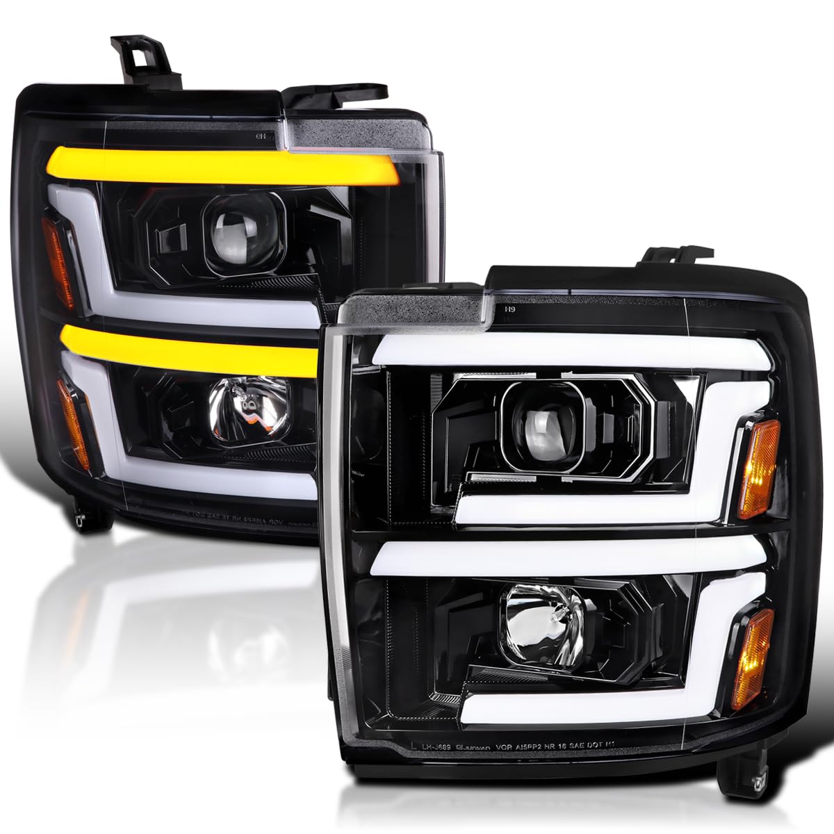 Slick Black SPEC-D TUNING Projector Headlights w/Sequential Switchback LED Signal Lamps Compatible with 2015-2019 Chevy Silverado 2500HD 3500HD