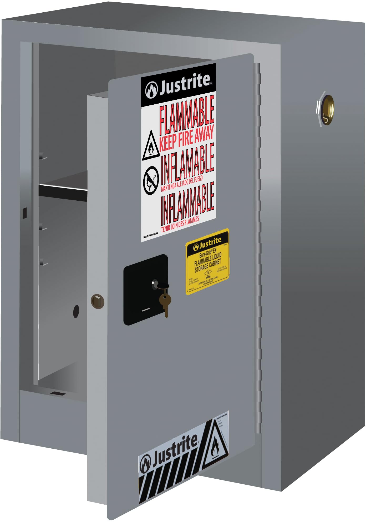 Justrite 12 Gallon Flammable Storage Cabinet Self Close Countertop, 18 Gauge Steel, 1 Shelf, 1 Door Fire Cabinet, 35" x 23" x 18", Made in The USA, Gray, 891223