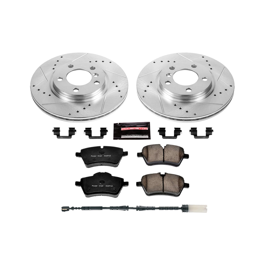 Power Stop K6665 Z23 Carbon Fiber Brake Pads Front with Drilled & Slotted Brake Rotors Kit and 1 Front Sensor Wire