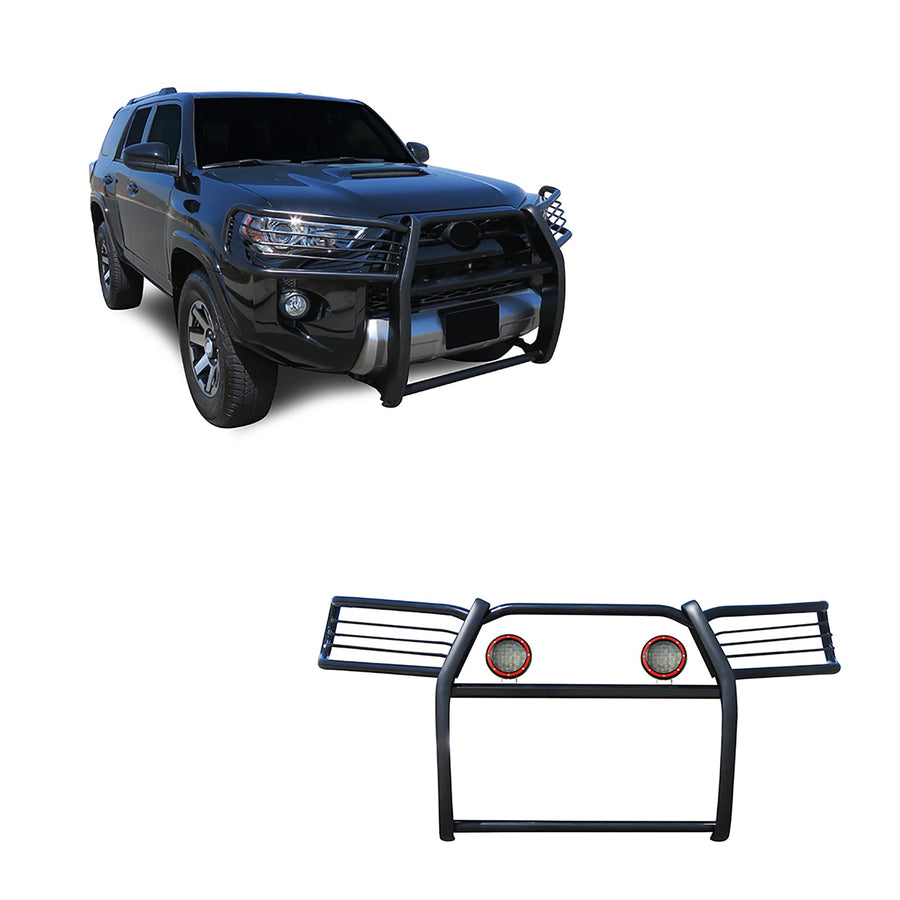 Bumper Guard Modular Black Black Horse Grille Brush Come with Pair of 5.3" Dia.LED Lights with Red Trim Rings Compatible with 2010-2024 Toyota 4Runner-17TU31MA-PLFR
