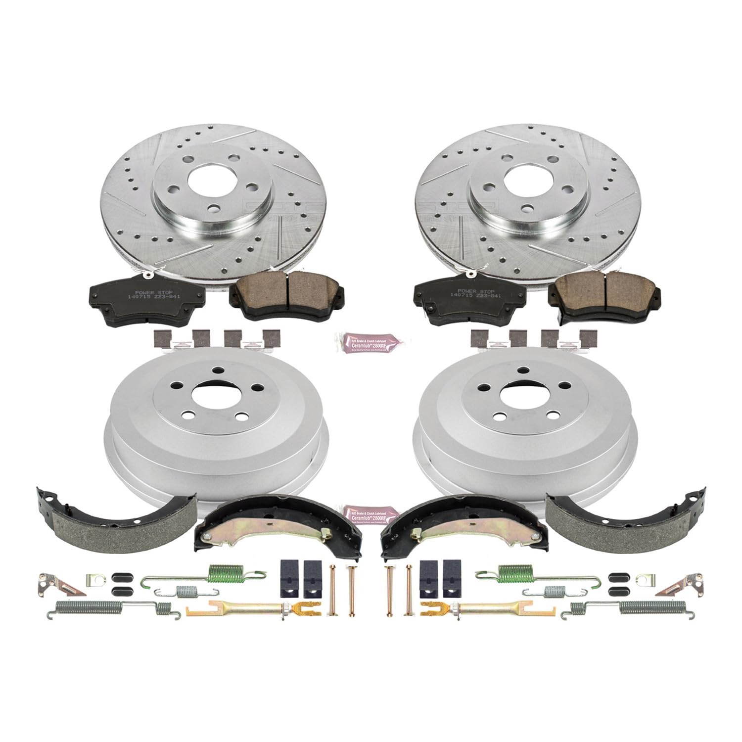 Power Stop K15232DK Z23 Carbon Fiber Brake Pads Front and Rear with Drilled & Slotted Brake Drums Kit For Chrysler PT Cruiser 2004-2009 [Model Specific]