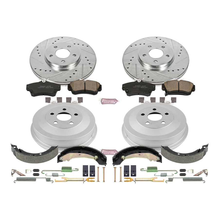Power Stop K15232DK Z23 Carbon Fiber Brake Pads Front and Rear with Drilled & Slotted Brake Drums Kit For Chrysler PT Cruiser 2004-2009 [Model Specific]