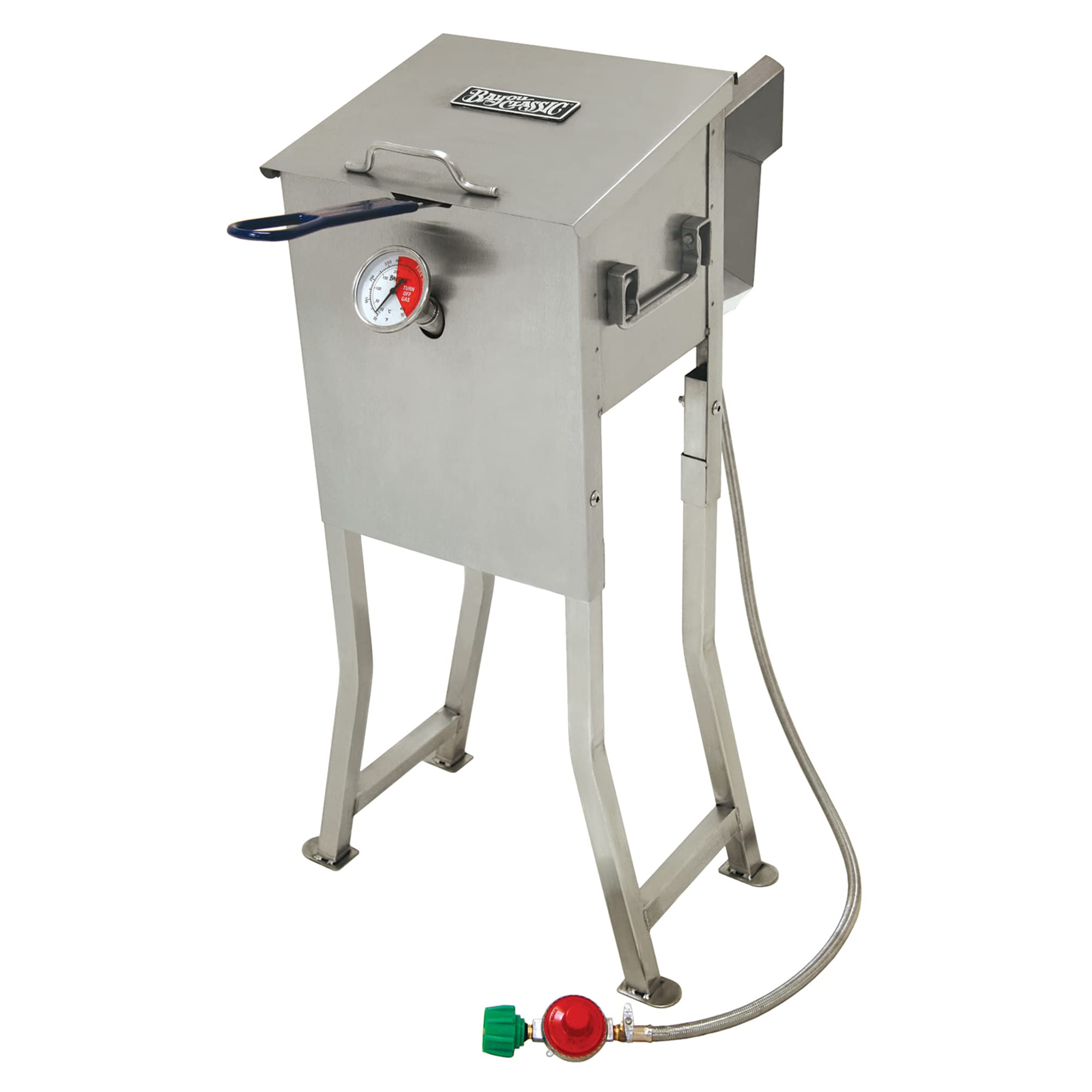 Bayou Classic 700-725 Stainless 2.5-gal Fryer Freestanding or Table Top Includes Stainless Mesh Basket Fry Thermometer Drain Valve High Pressure Regulator w/ 48-in Stainless Braided LPG Hose