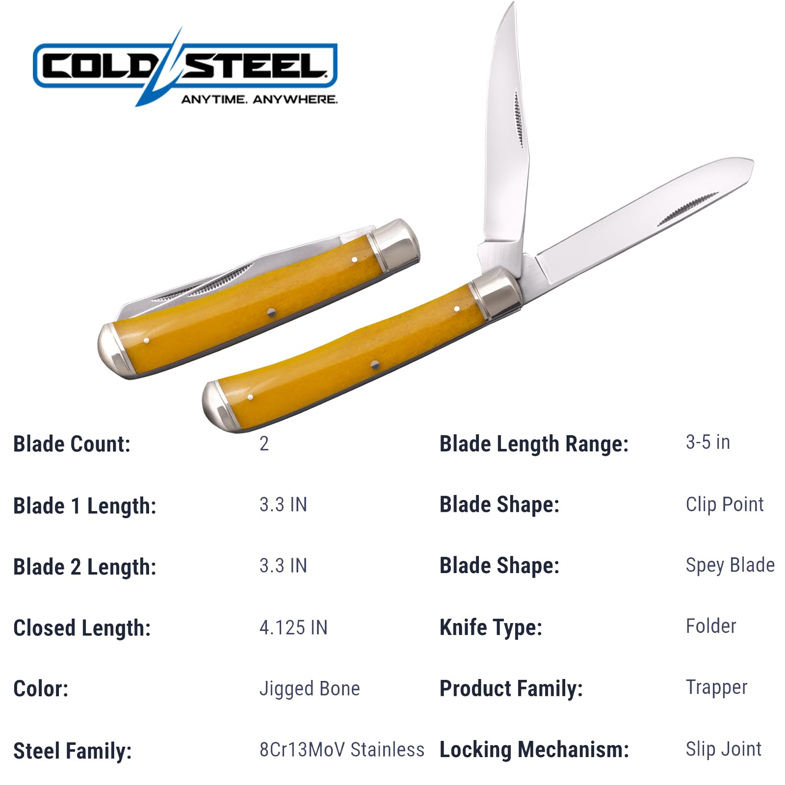 Cold Steel Trapper Folding Knife Versatile Practical Durable Reliable Compact Pocket - 2 Blades; Yellow Bone Handle; Slip Joint Lock