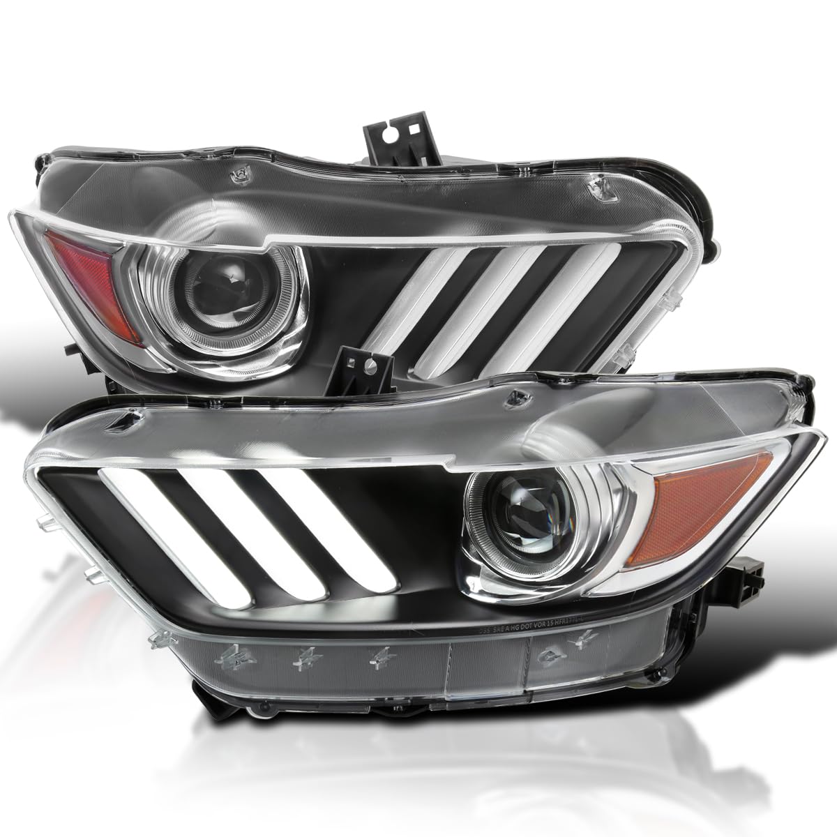 Black OE Style SPEC-D TUNING Projector Headlights w/LED Bar Compatible with 2015-2017 Ford Mustang, Left + Right Pair Headlamps Assembly