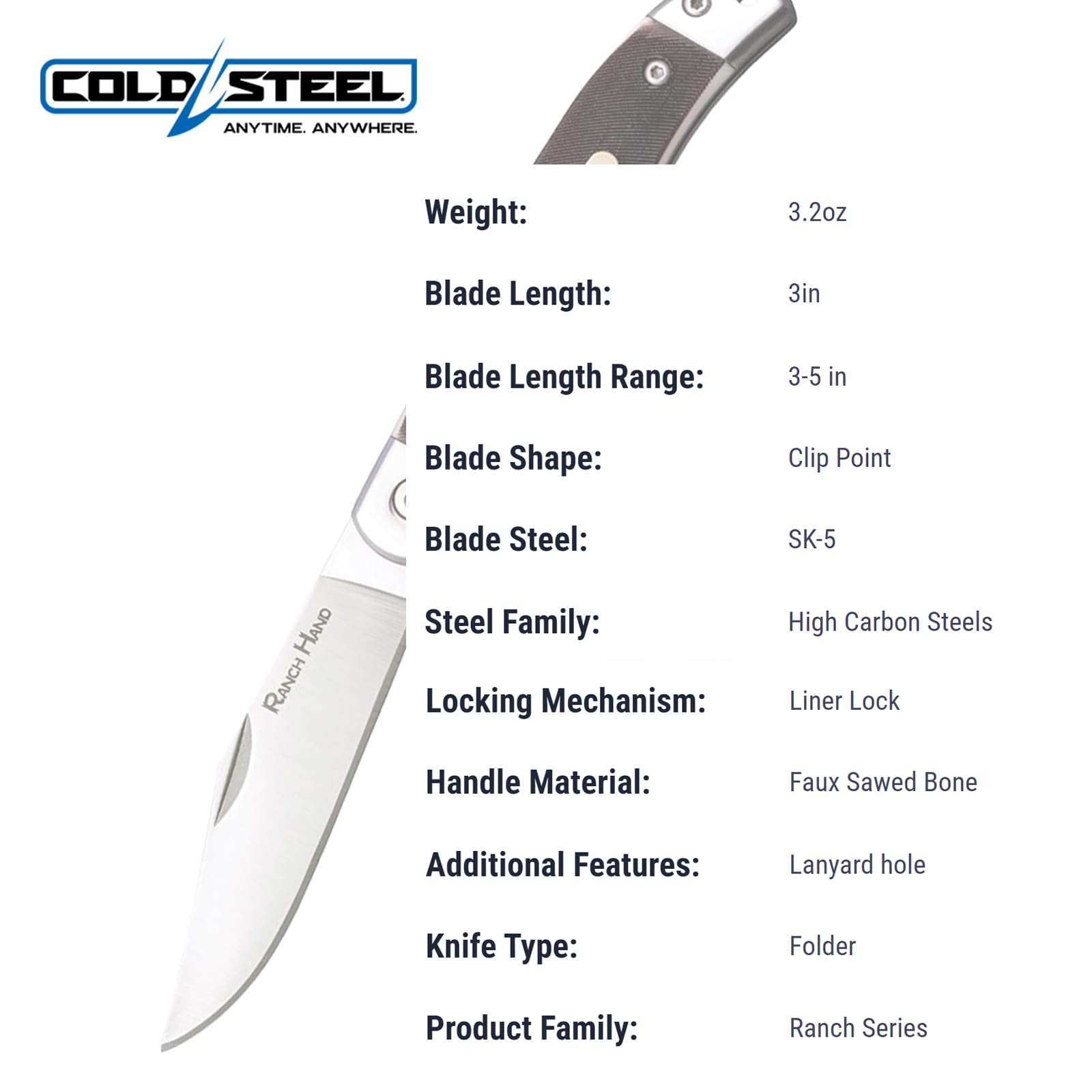 3" Cold Steel Ranch Hand SK-5 Razor-Sharp Blade 3.75" Faux Sawed Bone Handle Compact Pocket Versatile Folding Knife w/Liner Lock