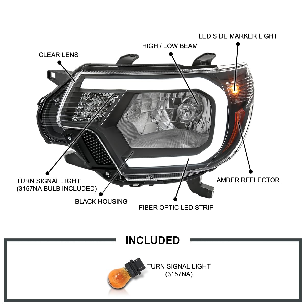 Black Headlights w/LED Strip SPEC-D TUNING Compatible with 2012-2015 Toyota Tacoma, Left + Right Pair Headlamp Assembly